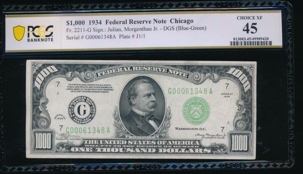 Fr. 2211-G 1934 $1,000  Federal Reserve Note Chicago PCGS 45 G00061348A