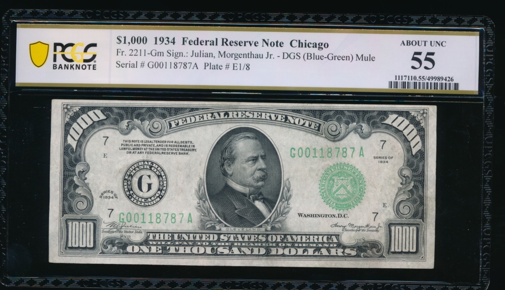 Fr. 2211-G 1934 $1,000  Federal Reserve Note Chicago PCGS 55 G00118787A