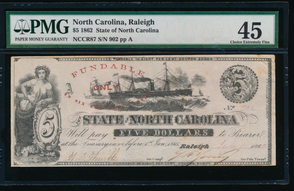 Fr. Cr NC-87 1862 $5  Obsolete State of North Carolina, Raleigh PMG 45 902 A