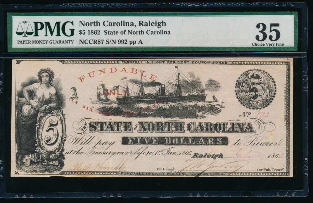Fr. Cr NC-87 1862 $5  Obsolete State of North Carolina, Raleigh PMG 35 992 A