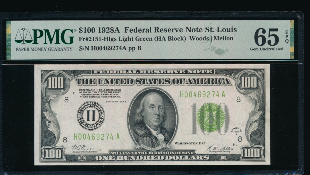 Fr. 2151-H 1928A $100  Federal Reserve Note Saint Louis LGS PMG 65EPQ H00469274A