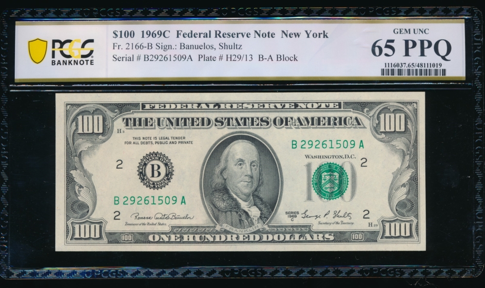 Fr. 2166-B 1969C $100  Federal Reserve Note New York PCGS 65PPQ B27261509A