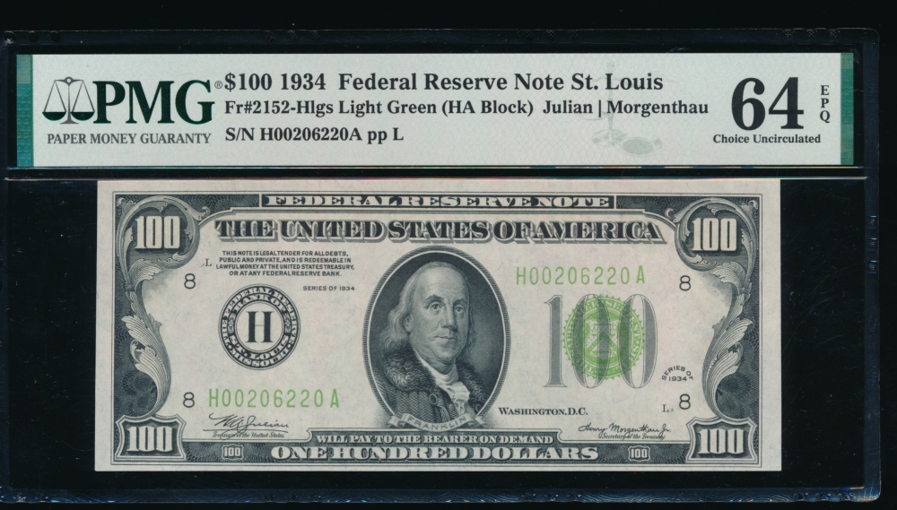 Fr. 2152-H 1934 $100  Federal Reserve Note Saint Louis LGS PMG 64EPQ H00206220A
