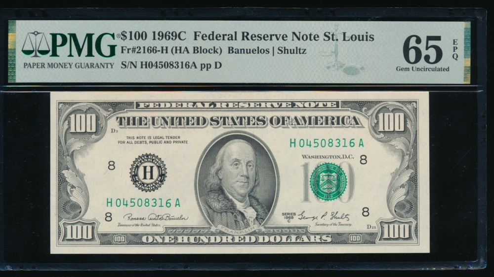 Fr. 2166-H 1969C $100  Federal Reserve Note Saint Louis PMG 65EPQ H04508316A