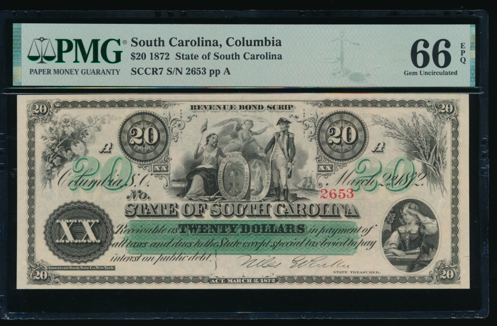 Fr. Cr SC-7 1872 $20  Obsolete State of South Carolina, Columbia, SC PMG 66EPQ 2653