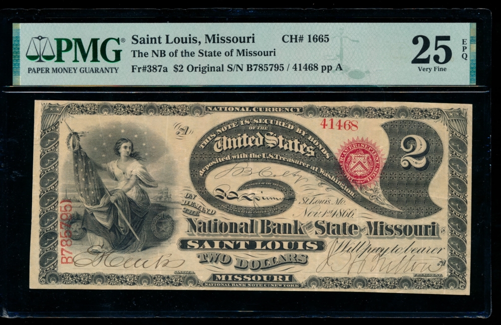 Fr. 387a 1865 $2  National: Original Series Ch #1665 BN of the State of Missouri Saint Louis, MO PMG 25EPQ 41468