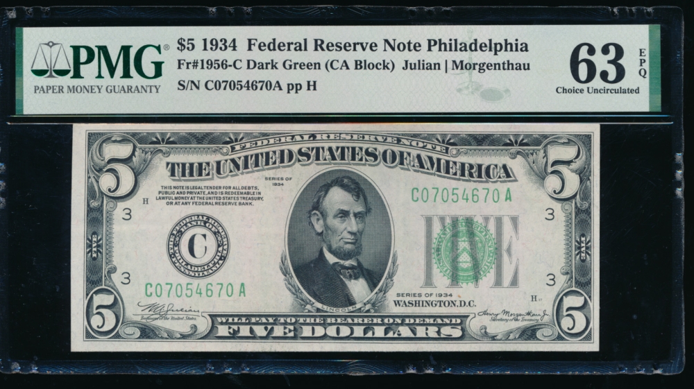 Fr. 1956-C 1934 $5  Federal Reserve Note Philadelphia non-mule PMG 63EPQ C07054670A