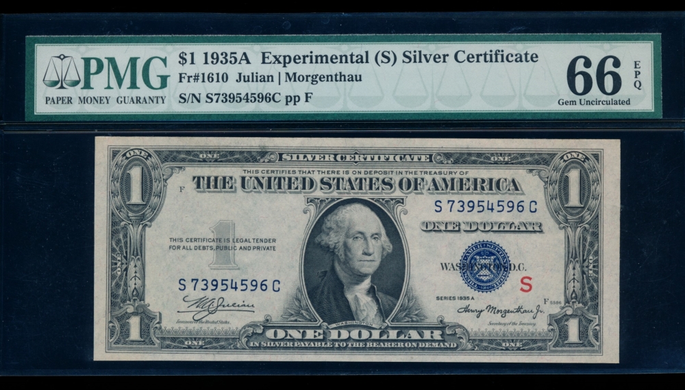 Fr. 1610 1935A $1  Silver Certificate S Experimental PMG 66EPQ S73954596C