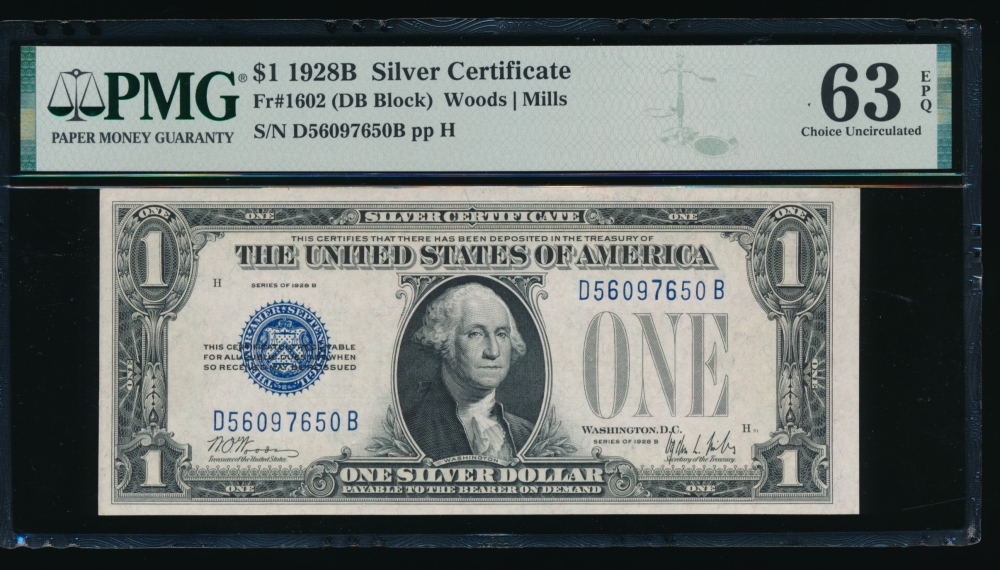 Fr. 1602 1928B $1  Silver Certificate DB block PMG 63EPQ D56097650A