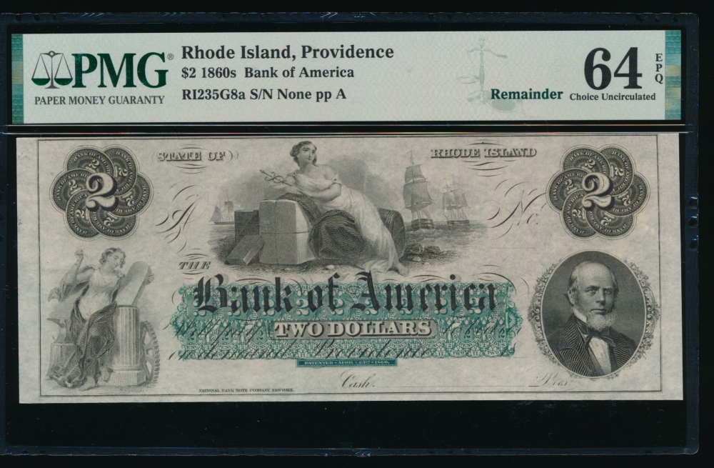 Fr. RI-235 G8a 1860s $2  Obsolete Bank of America, Rhode Island PMG 64EPQ no serial number