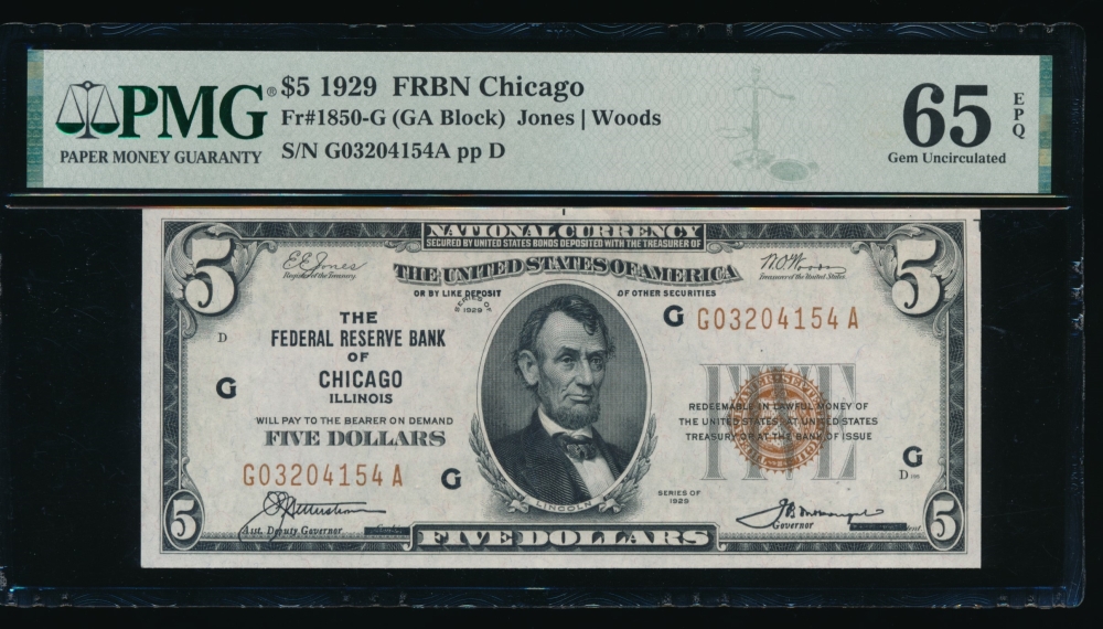 Fr. 1850-G 1929 $5  FRBN Chicago PMG 65EPQ G03204154A