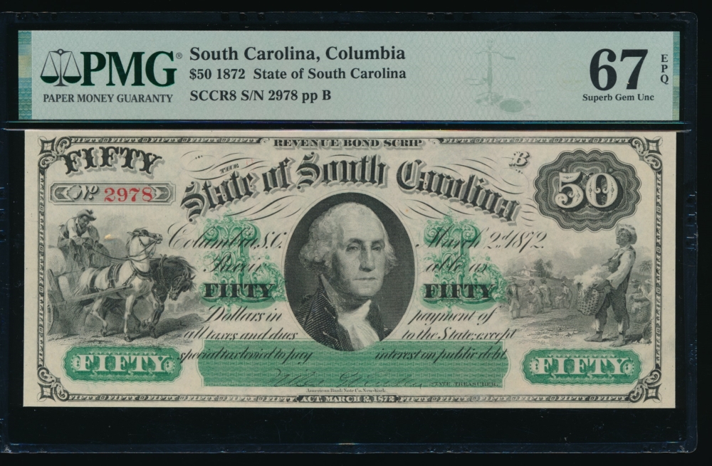 Fr. Cr SC-8 1872 $50  Obsolete State of South Carolina, Columbia, SC PMG 67EPQ 2978