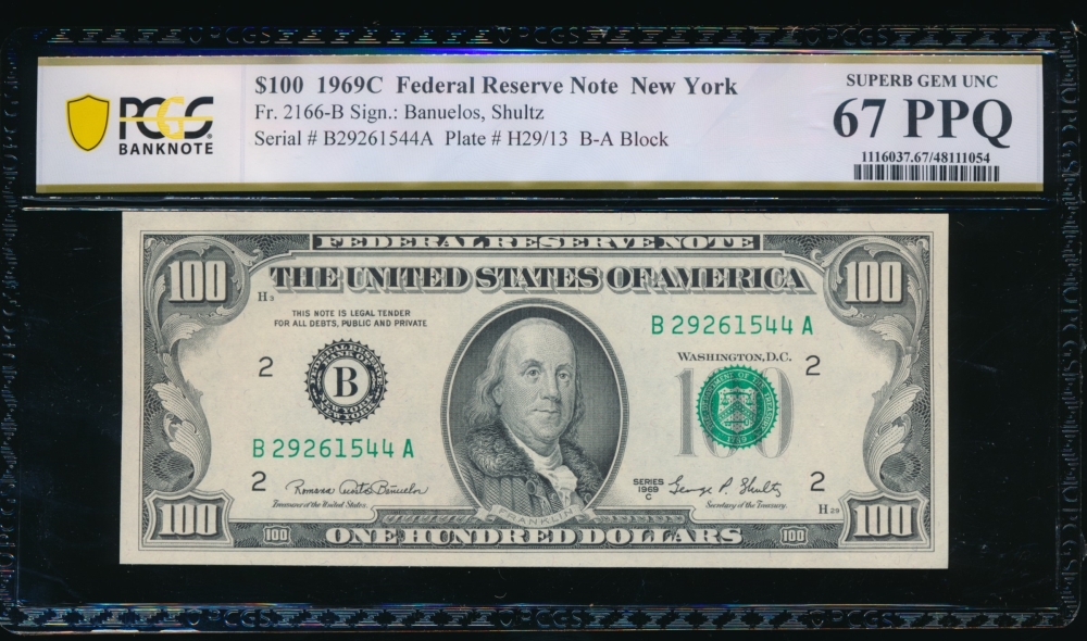 Fr. 2166-B 1969C $100  Federal Reserve Note New York PCGS 67PPQ B27261544A