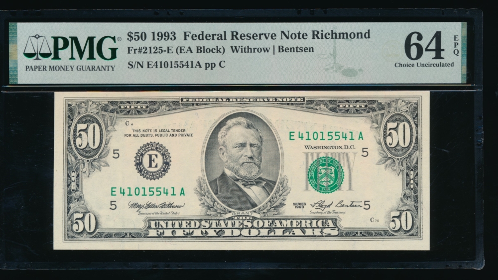 Fr. 2125-E 1993 $50  Federal Reserve Note Richmond PMG 64EPQ E41015541A