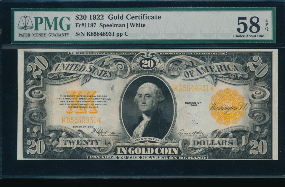 Fr. 1187 1922 $20  Gold Certificate  PMG 58EPQ K85848931