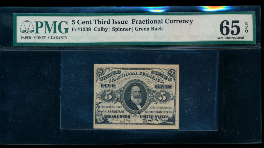 Fr. 1238  $0.05  Fractional Third Issue: Green Back PMG 65EPQ no serial number