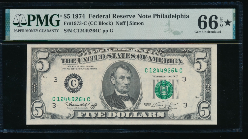 Fr. 1973-C 1974 $5  Federal Reserve Note Philadelphia PMG 66EPQ* C12449264C