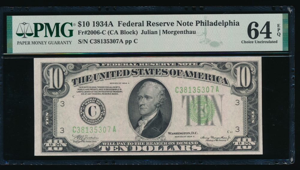 Fr. 2006-C 1934A $10  Federal Reserve Note Philadelphia PMG 64EPQ C38135307A