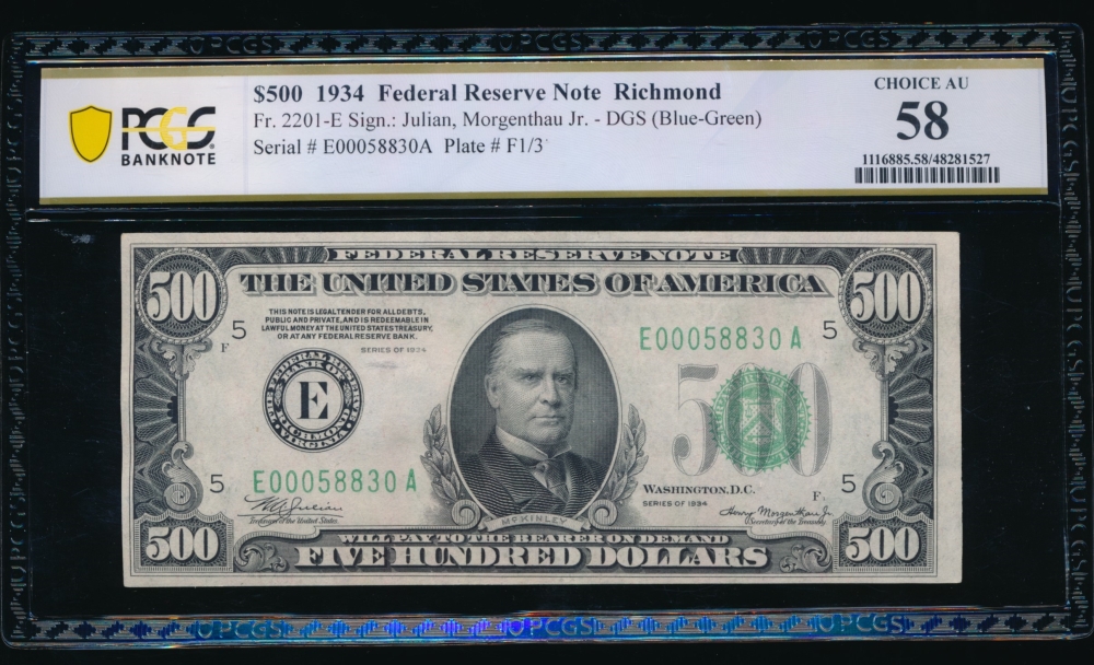 Fr. 2201-E 1934 $500  Federal Reserve Note Richmond PCGS 58 comment E00058830A