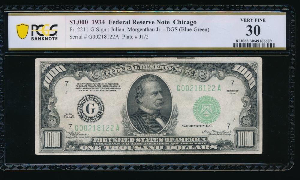 Fr. 2211-G 1934 $1,000  Federal Reserve Note Chicago PCGS 30 G00218122A