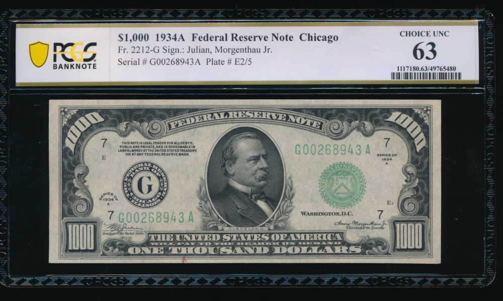 Fr. 2212-G 1934A $1,000  Federal Reserve Note Chicago PCGS 63 G00268943A