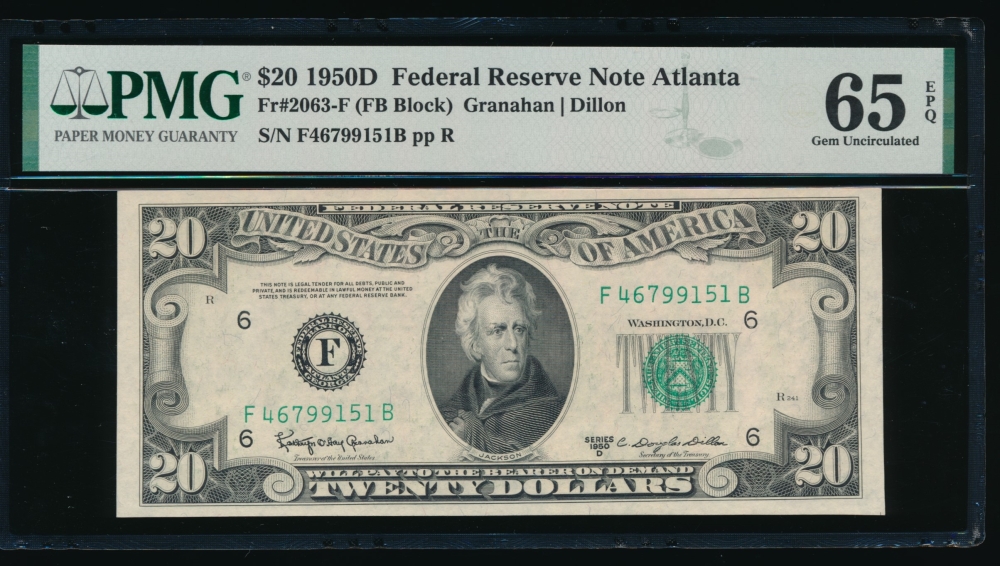 Fr. 2063-F 1950D $20  Federal Reserve Note Atlanta PMG 65EPQ F46799151A