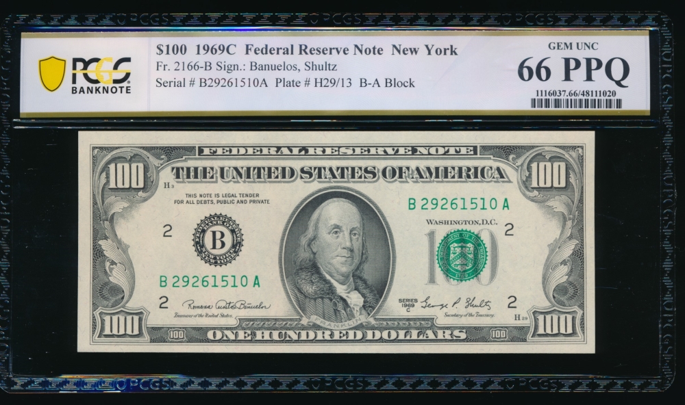 Fr. 2166-B 1969C $100  Federal Reserve Note New York PCGS 66PPQ B27261510A
