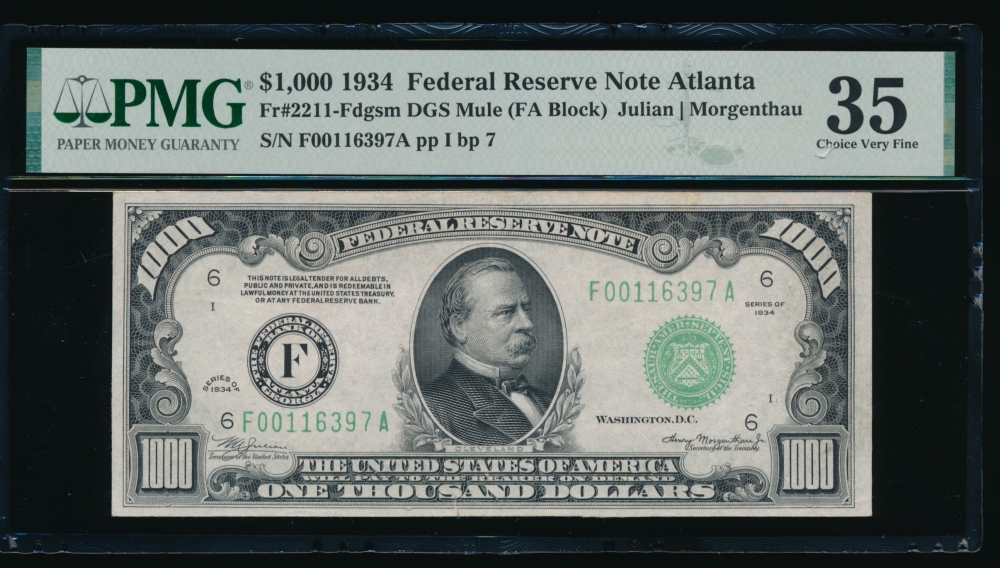 Fr. 2211-F 1934 $1,000  Federal Reserve Note Atlanta PMG 35 comment F00116397A