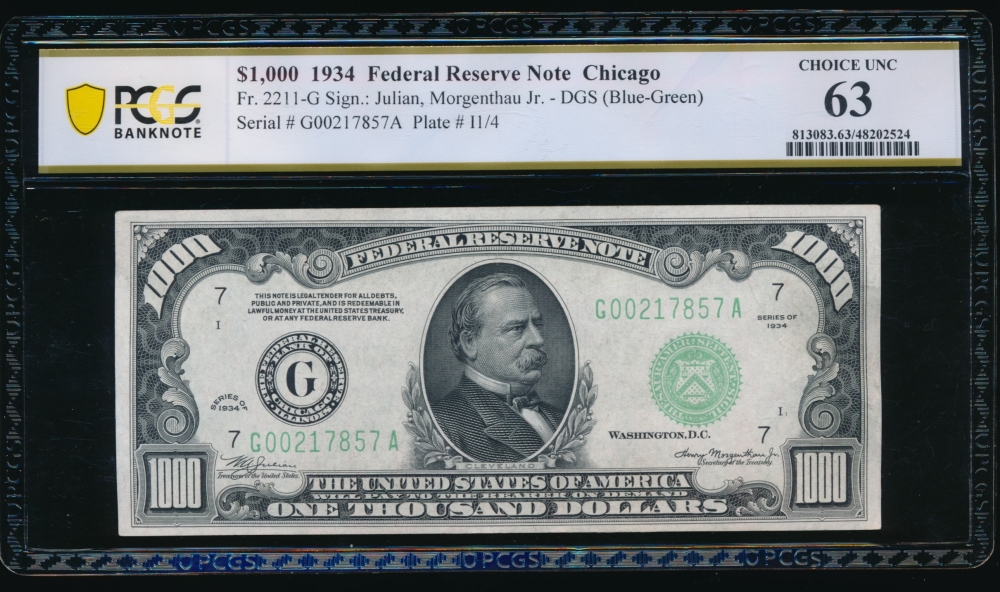 Fr. 2211-G 1934 $1,000  Federal Reserve Note Chicago PCGS 63 G00217857A