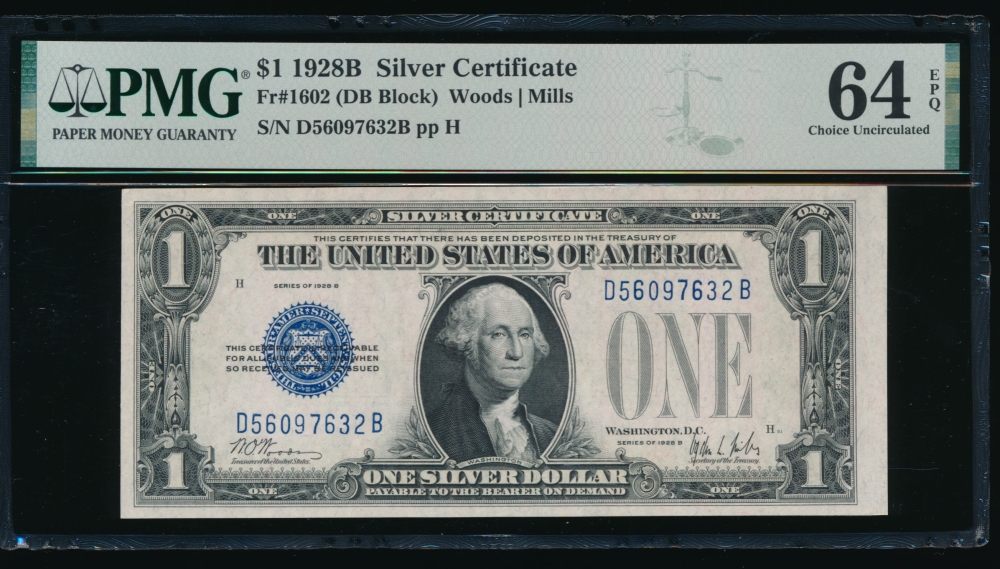 Fr. 1602 1928B $1  Silver Certificate DB block PMG 64EPQ D56097632B
