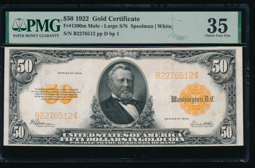 Fr. 1200 1922 $50  Gold Certificate mule PMG 35 B2276512