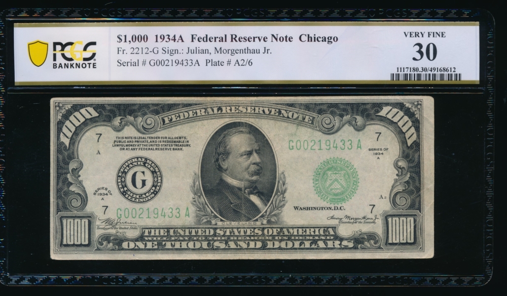 Fr. 2212-G 1934A $1,000  Federal Reserve Note Chicago PCGS 30 G00219433A