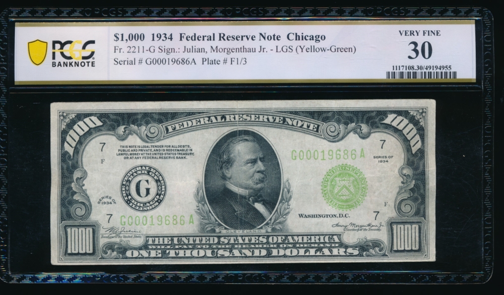 Fr. 2211-G 1934 $1,000  Federal Reserve Note Chicago LGS PCGS 30 G00019686A