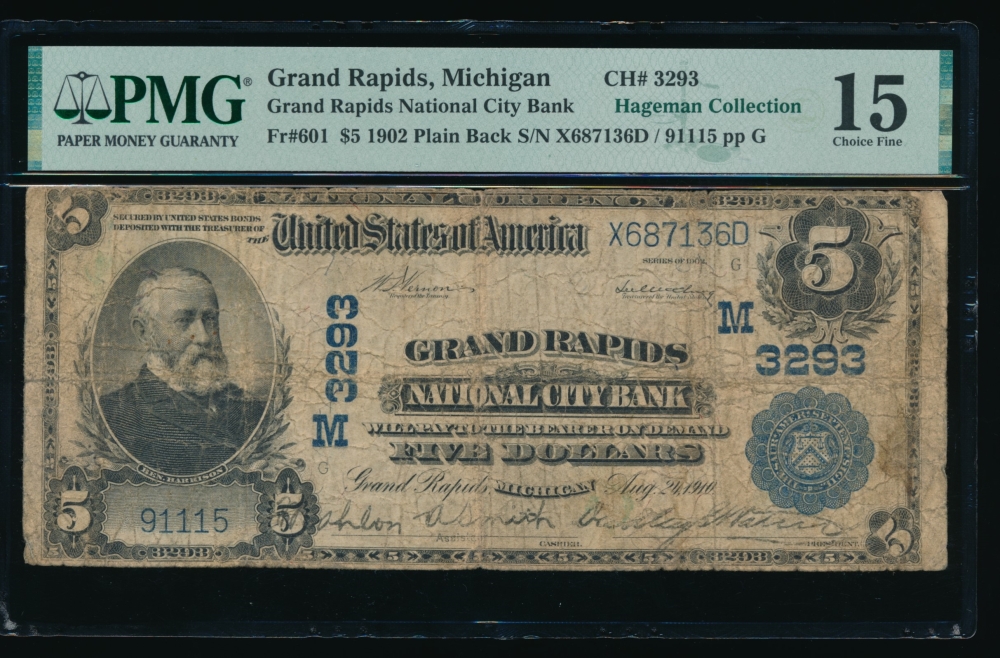 Fr. 601 1902 $5  National: Plain Back Ch #3923 Grand Rapids National City Bank Grand Rapids, Michigan PMG 15 91115
