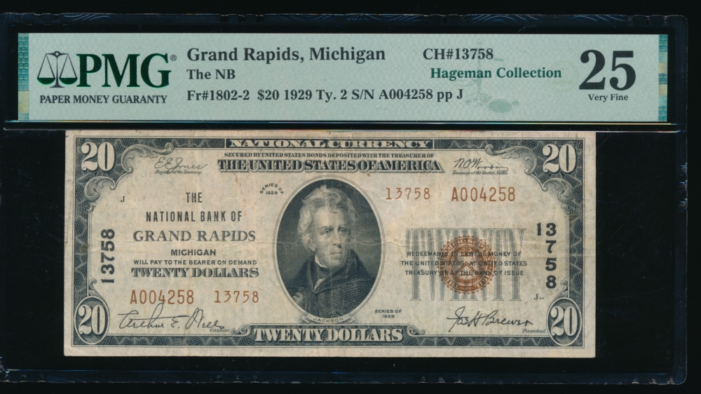 Fr. 1802-2 1929 $20  National: Type II Ch #13758 The National Bank of Grand Rapids, Michigan PMG 25 A004258