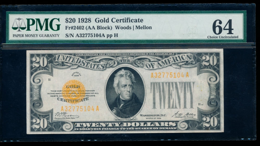 Fr. 2402 1928 $20  Gold Certificate  PMG 64 A32775104A