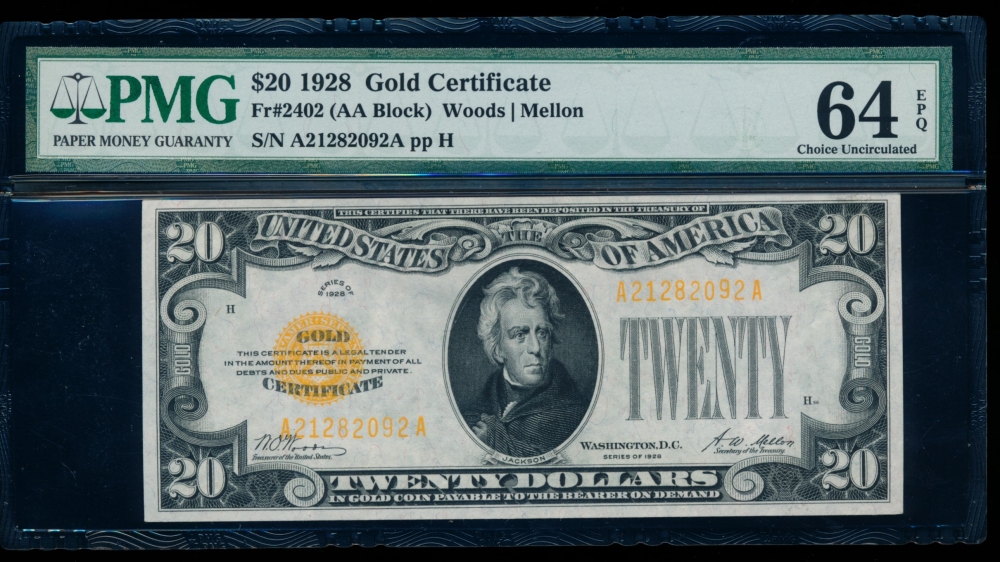 Fr. 2402 1928 $20  Gold Certificate  PMG 64EPQ A21282092A