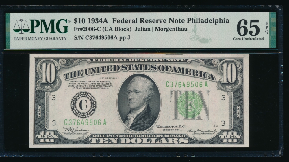 Fr. 2006-C 1934A $10  Federal Reserve Note Philadelphia PMG 65EPQ C37649506A