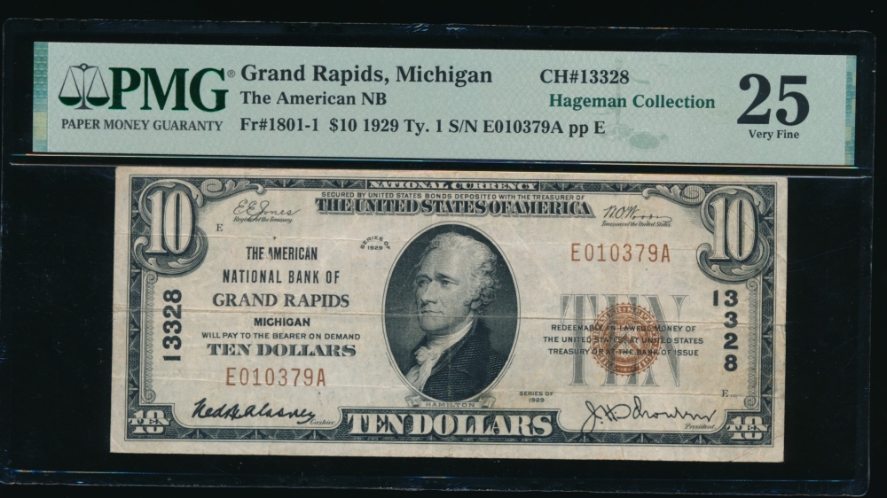 Fr. 1801-1 1929 $10  National: Type I Ch #13328 The American National Bank of Grand Rapids, Michigan PMG 25 comment E010379A