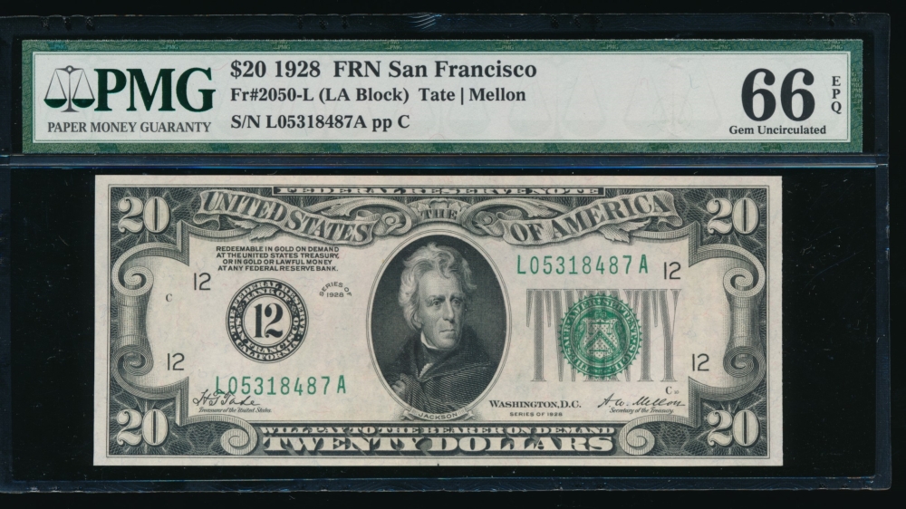 Fr. 2050-L 1928 $20  Federal Reserve Note San Francisco PMG 66EPQ L05318487A