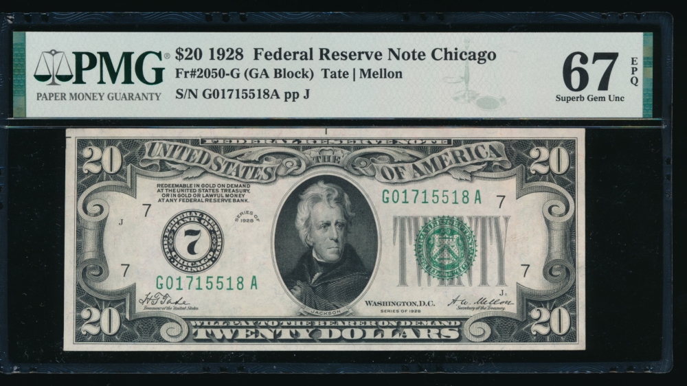 Fr. 2050-G 1928 $20  Federal Reserve Note Chicago PMG 67EPQ G01715518A