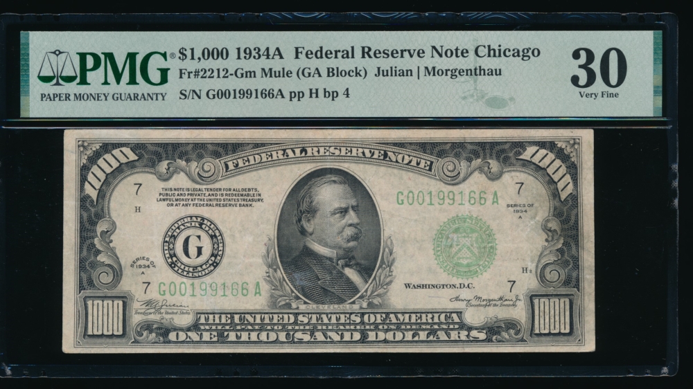 Fr. 2212-G 1934A $1,000  Federal Reserve Note Chicago PMG 30 comment G00199166A