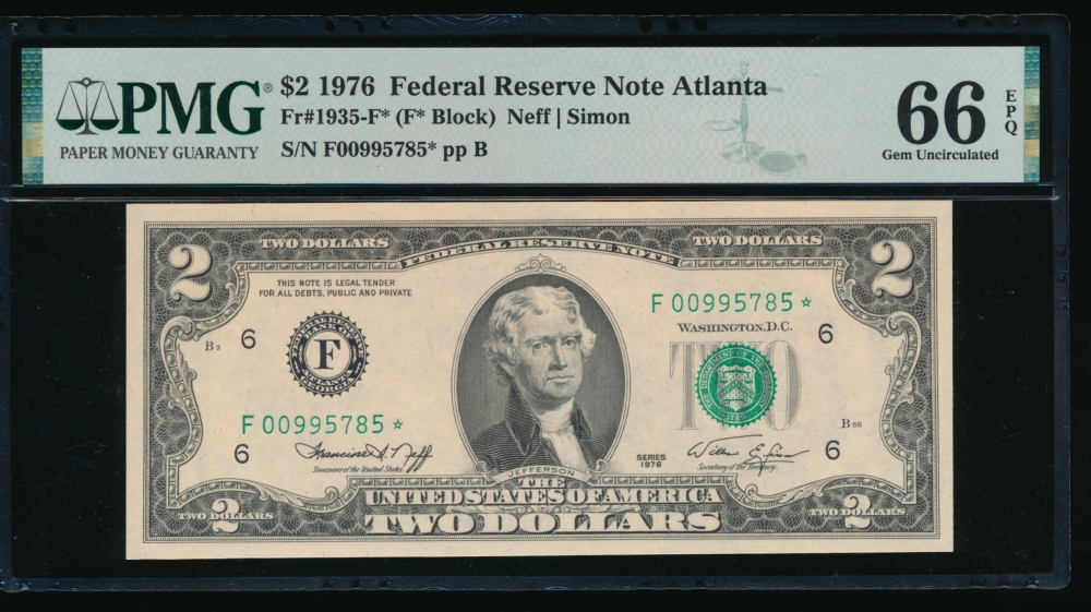 Fr. 1935-F 1976 $2  Federal Reserve Note Atlanta star PMG 66EPQ F00995785*