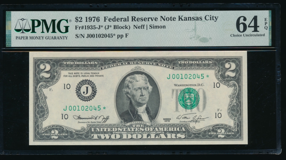 Fr. 1935-J 1976 $2  Federal Reserve Note Kansas City star PMG 64EPQ J00102045*