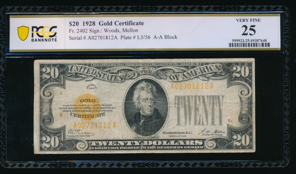 Fr. 2402 1928 $20  Gold Certificate  PCGS 25 A02701812A