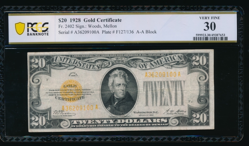 Fr. 2402 1928 $20  Gold Certificate  PCGS 30 A36209100A