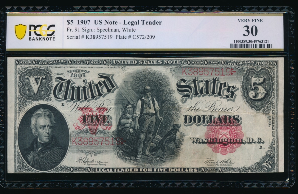 Fr. 91 1907 $5  Legal Tender  PCGS 30 K38957519