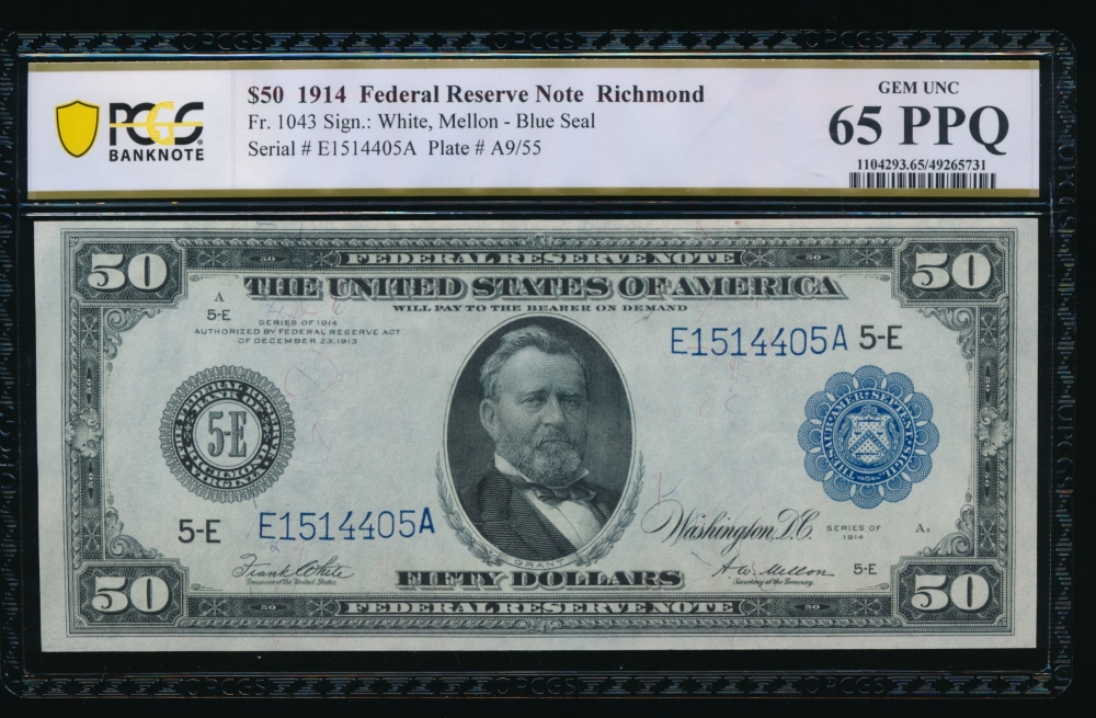 Fr. 1043 1914 $50  Federal Reserve Note Richmond PCGS 65PPQ E1514405A