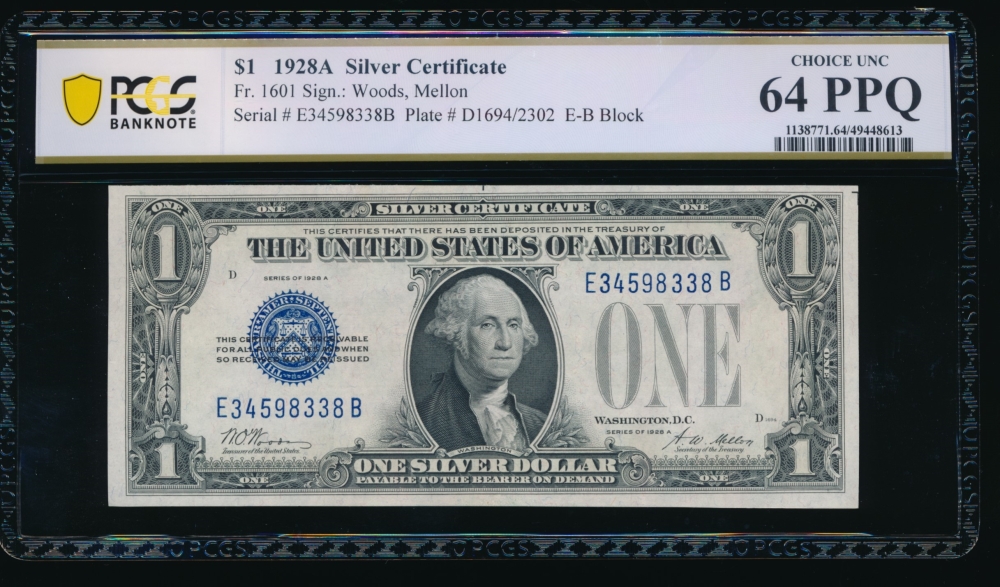 Fr. 1601 1928A $1  Silver Certificate EB block PCGS 64PPQ E34598338B