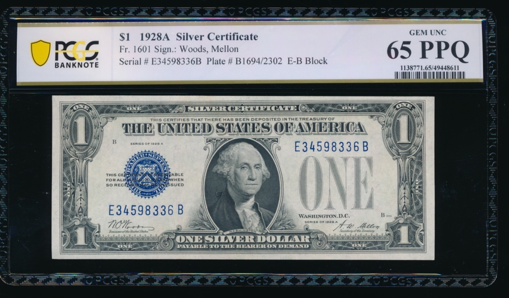 Fr. 1601 1928A $1  Silver Certificate EB block PCGS 65PPQ E34598336B